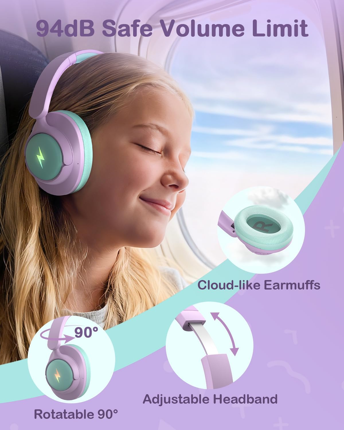 Hybrid Active Noise Cancelling Headphones for Kids, Wireless Bluetooth 6.0 Headset, 100H Playtime, Built-in Mic, Type-C Fast Charging, 94dBA Safe Volume, Colorful LED Lighting